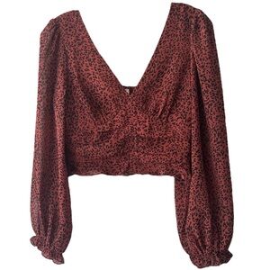 Le Lis Womens Animal Print Reddish Brown Black Long Sleeve Ruched Crop Top Small